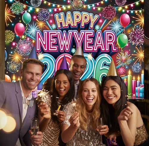2026 Neon Happy New Year Backdrop Colorful Fireworks Balloons New Year's Eve Photography Background Cheers to 2026 Holiday...