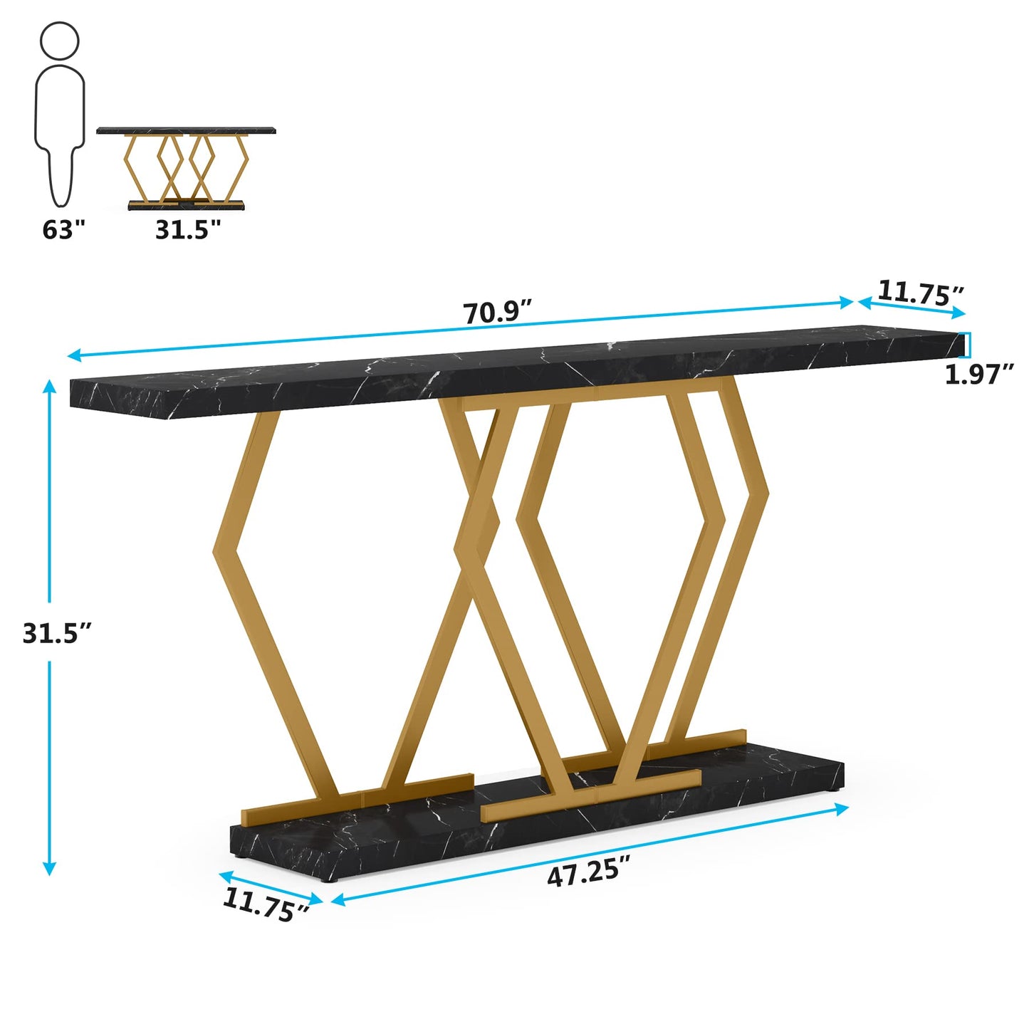 Tribesigns 70.9 Inch Extra Long Sofa Table，Black and Gold Console Table with Faux Marble Tabletop, Modern Long Entryway Table with Gold Frame