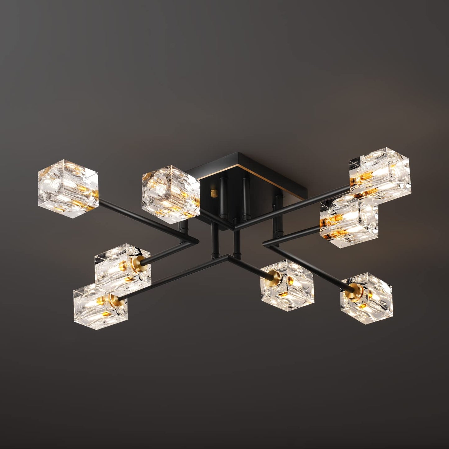 OKES 8-Lights Semi Flush Mount Ceiling Light Fixture,Black and Gold Modern Crystal Chandeliers,Farmhouse Lighting Fixtures for Dining Room Living Room Kitchen Bedroom Entryway