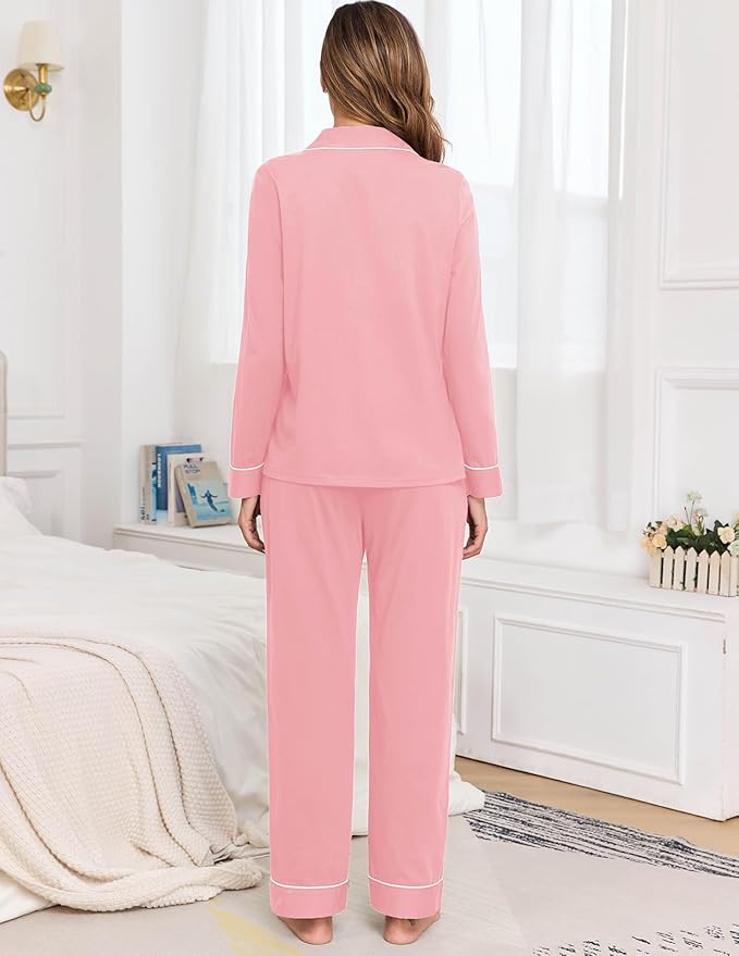 Veseacky 100% Cotton Pajamas for Women Set Long Sleeve Button Down Sleepwear Soft Pjs Lounge Sets with Pockets XS-XXL