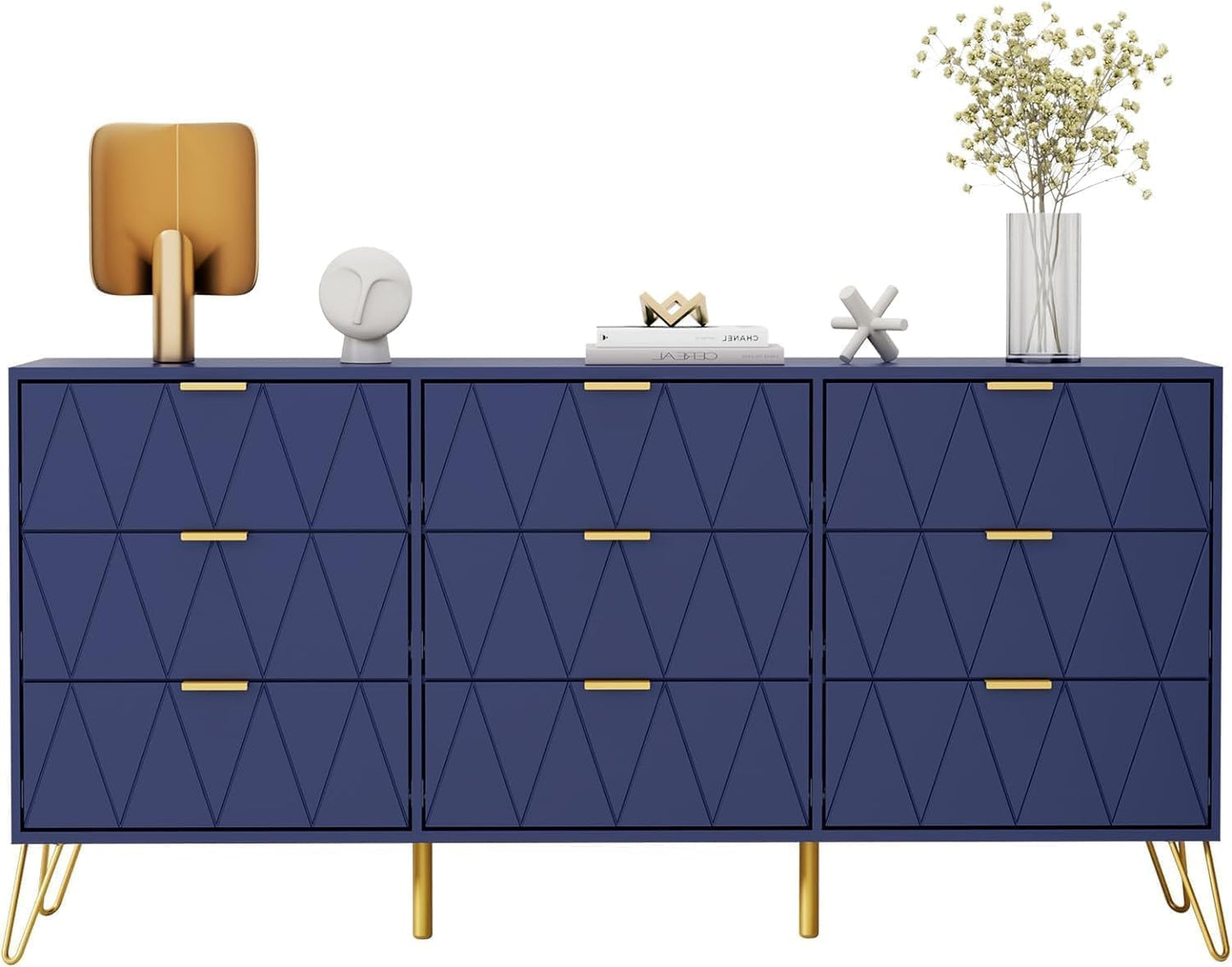 UEV Navy Blue Dresser for Bedroom,Modern 9 Drawer Chest with Gold Accents,Long Storage Dresser for TV Stand & Closet,Large Chest of Drawers for Bedroom