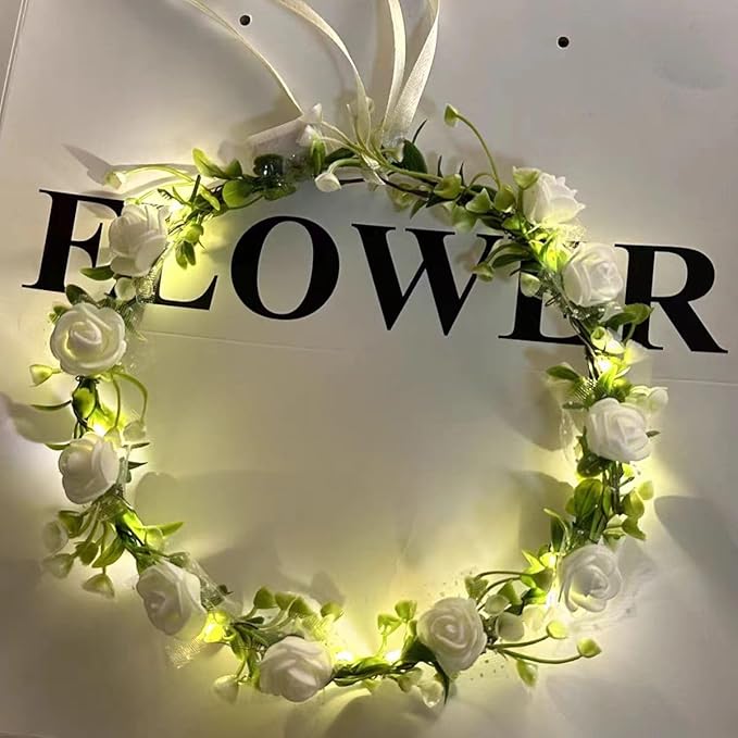 Seadiquiet White Vintage LED Flower Crown, Glow Flower Wreath Headbands Luminous Led Bridal Headpiece Wedding Headdress Ha...