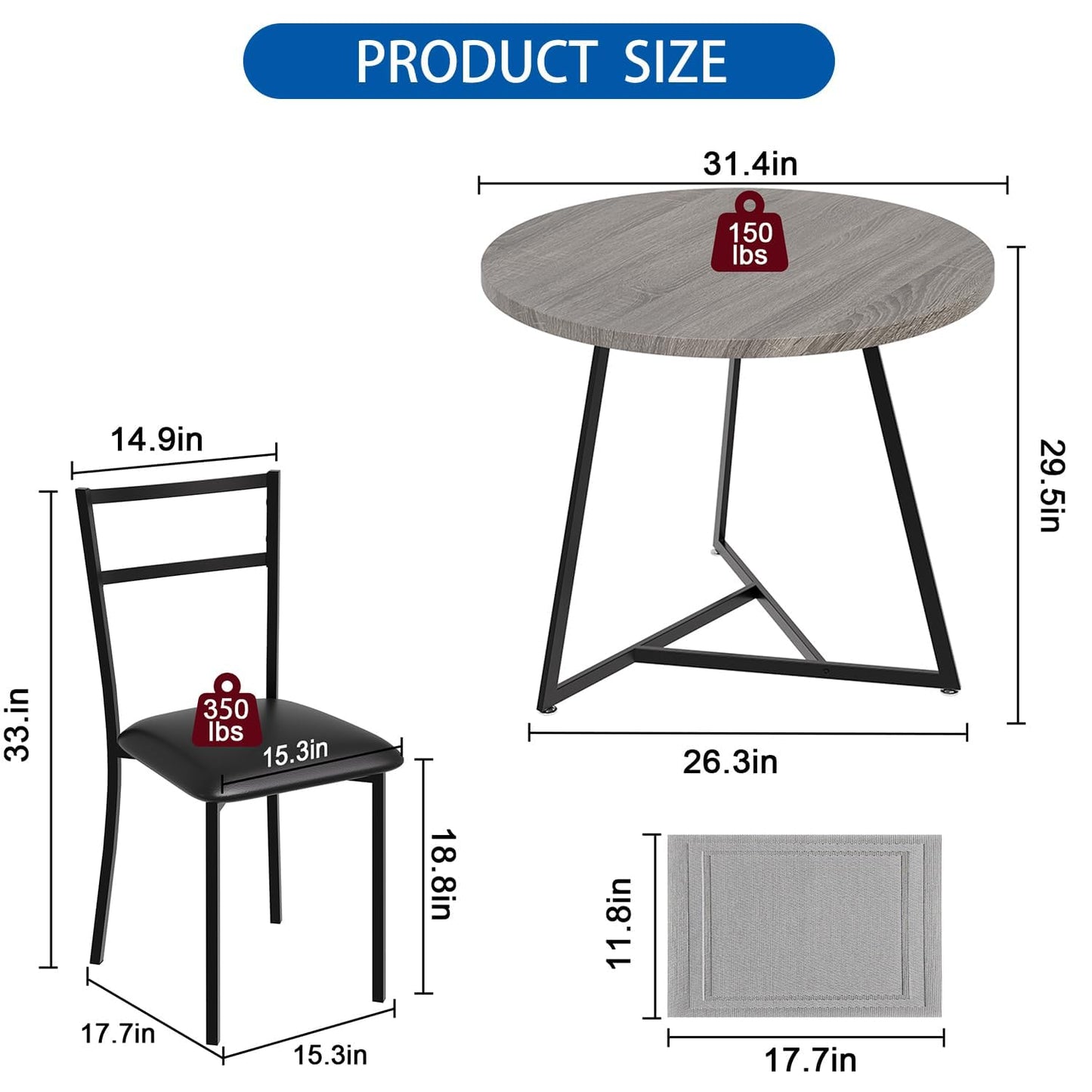 SunnyFurn Dining Table Set for 2,Kitchen Table with 2 Upholstered Chairs, Round Kitchen Table Set for Apartment,Breakfast Nook, Dining Room, and Small Space