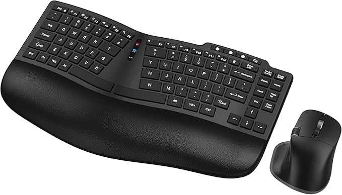 Ergonomic Wireless Keyboard Mouse, Wave Key Bluetooth/2.4G Split Design Ergo Keyboard Mouse Combo with Cushioned Palm Res...