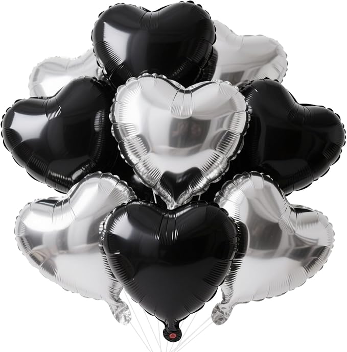 18 Inch Black Silver Heart Balloons, 12 Pcs Heart Foil Mylar Balloons, Black Silver Birthday Decoration, Heart Shaped Ball...