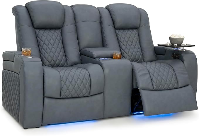 Seatcraft Anthem Italian Leather Loveseat w/Storage Console, Living Room, Power Headrest, Power Recline, Smokey Blue