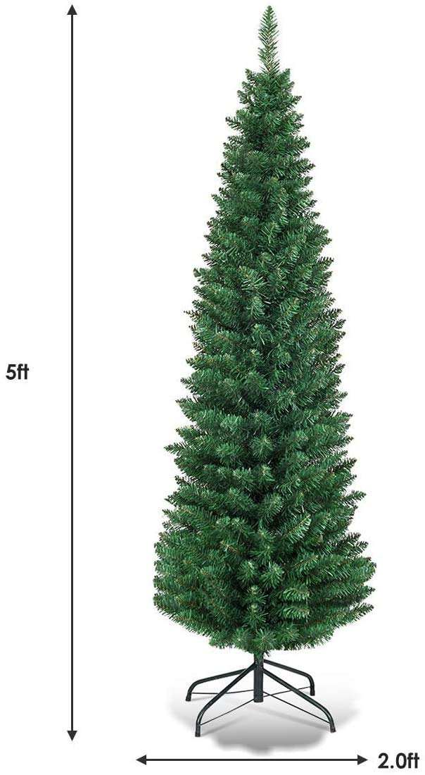 Giantex, Green Artificial Pencil Christmas, Premium Hinged Pine Tree with Solid Metal Legs, Perfect for Home, Shops and Holiday Decoration, (5FT) (Artificial Pencil Christmas Tree)