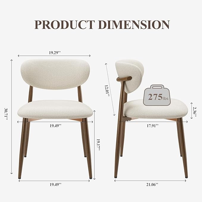 MALOL Dining Chairs Set of 2, Upholstered Dining Room Chairs with Metal Legs and Anti Slip Pads, Curved Back Kitchen Chair for Home and Restaurant Use, Beige