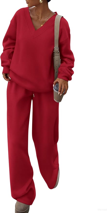 PRETTYGARDEN Casual Winter Two Piece Sets for Women 2026 V Neck Sweatshirt Loose Wide Leg Pants Tracksuit Knit Fall Outfits