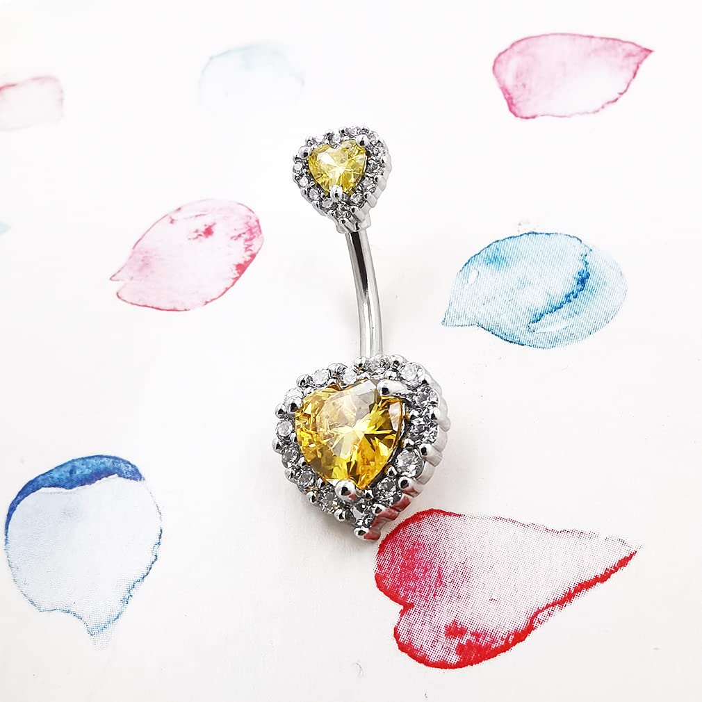 Excepro Belly Rings 316L Surgical SS PVD Plated Multicolor Heart CZ Navel Piercing Shiny Belly Button Rings (yellow)