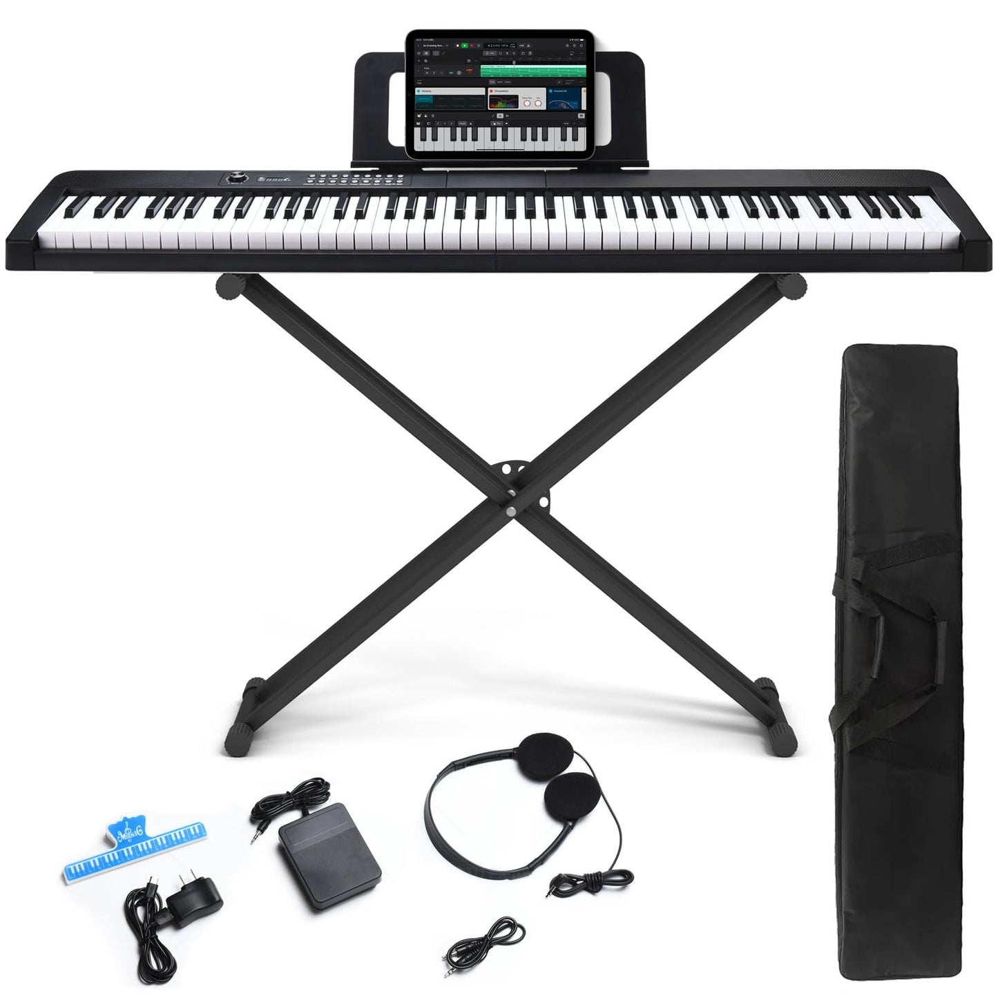 88 Key Digital Piano, Electric Piano Keyboard with Semi Weighted Keys, Keyboard Piano with Sustain Pedal, Power Adapter, Stand, Carrying Case, Headphones, USB-MIDI Compatibility, for Beginner Adults