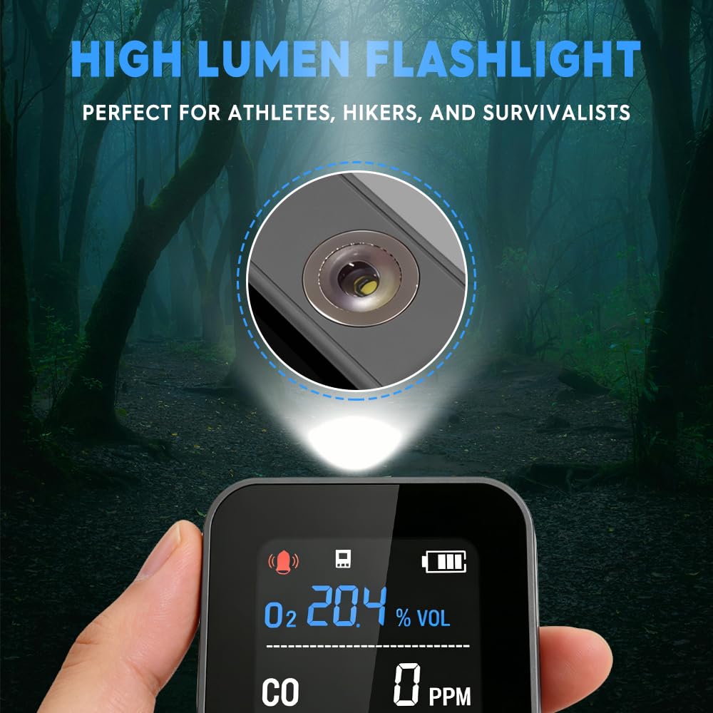 GZAIR Portable 7-in-1 Multi Gas Detector, O2 CO Gas Monitor with Temperature Humidity Air Pressure Sensors, Rechargeable Device with Data Logging and Flashlight