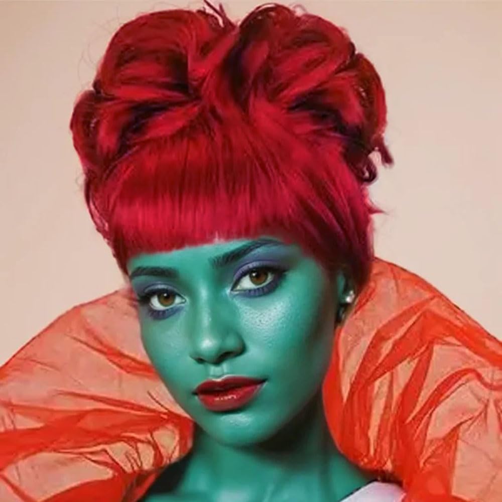 GNIMEGIL Hot Red Wig with Bangs Bun for Women Miss Dead Receptionist Costume Wigs Weaving Cap for Halloween Argentina Costume Co
