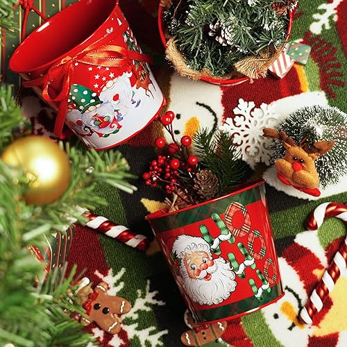 Putuo Decor Christmas Theme Metal Buckets, 5 Pieces Christmas Decorations Round Ice Buckets, Galvanized Small Bucket Pails...