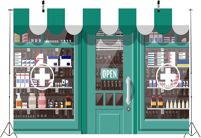 CORFOTO 7x5ft Fabric Facade Pharmacy Store Backdrop Storefront Shop Building Medicines on The Shelf Background Pharmacy Th...