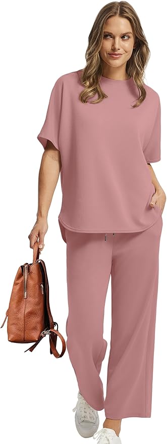 Sampeel Two Piece Sets for Women Summer Outfits Oversized Wide Leg Crop Pants Lounge Sets Airport Beach Vacation Clothes