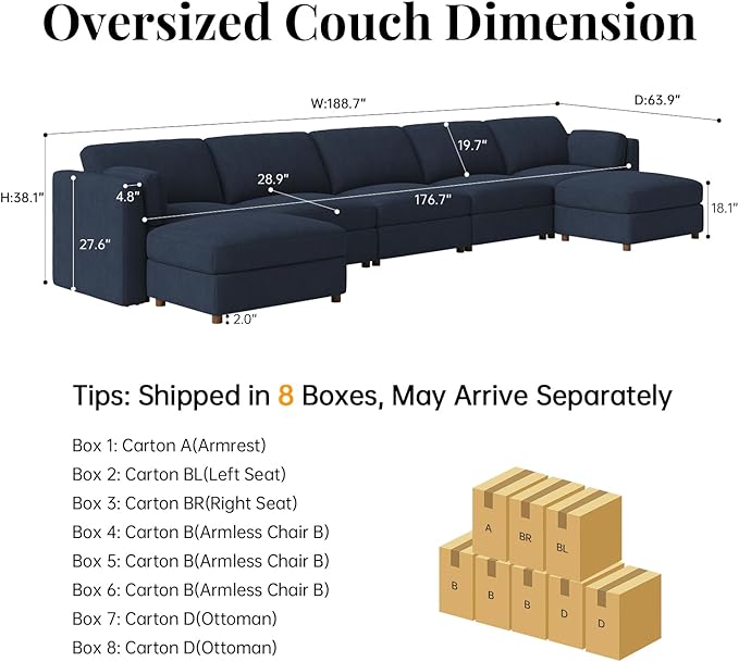 CUGOAO 188.7'' Modular Sectional Sofa, Oversized U-Shaped Sectional Couch with Ottoman, Deep Seat Chenille Cloud Couch, Mordern Upholstered Couches for Living Room, Apartment, Office, Blue
