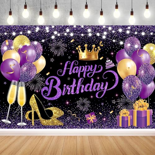 YinQin 180x120 cm Glitter Black Purple Golden Happy Birthday Party Photo Backgrounds Backdrops Cloth 71x47 inch Purple Gol...