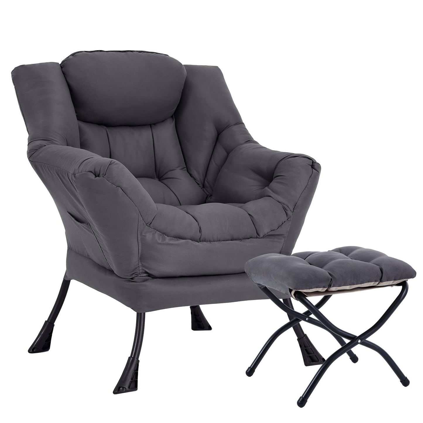HomEastlly Lazy Chair with Ottoman, Reading Armchair with Armrests and Footrest, Large Modern Lounge Accent Chair with Ottoman, Leisure Sofa Chair for Living Room, Bedroom, Dorm Room (Dark Grey)