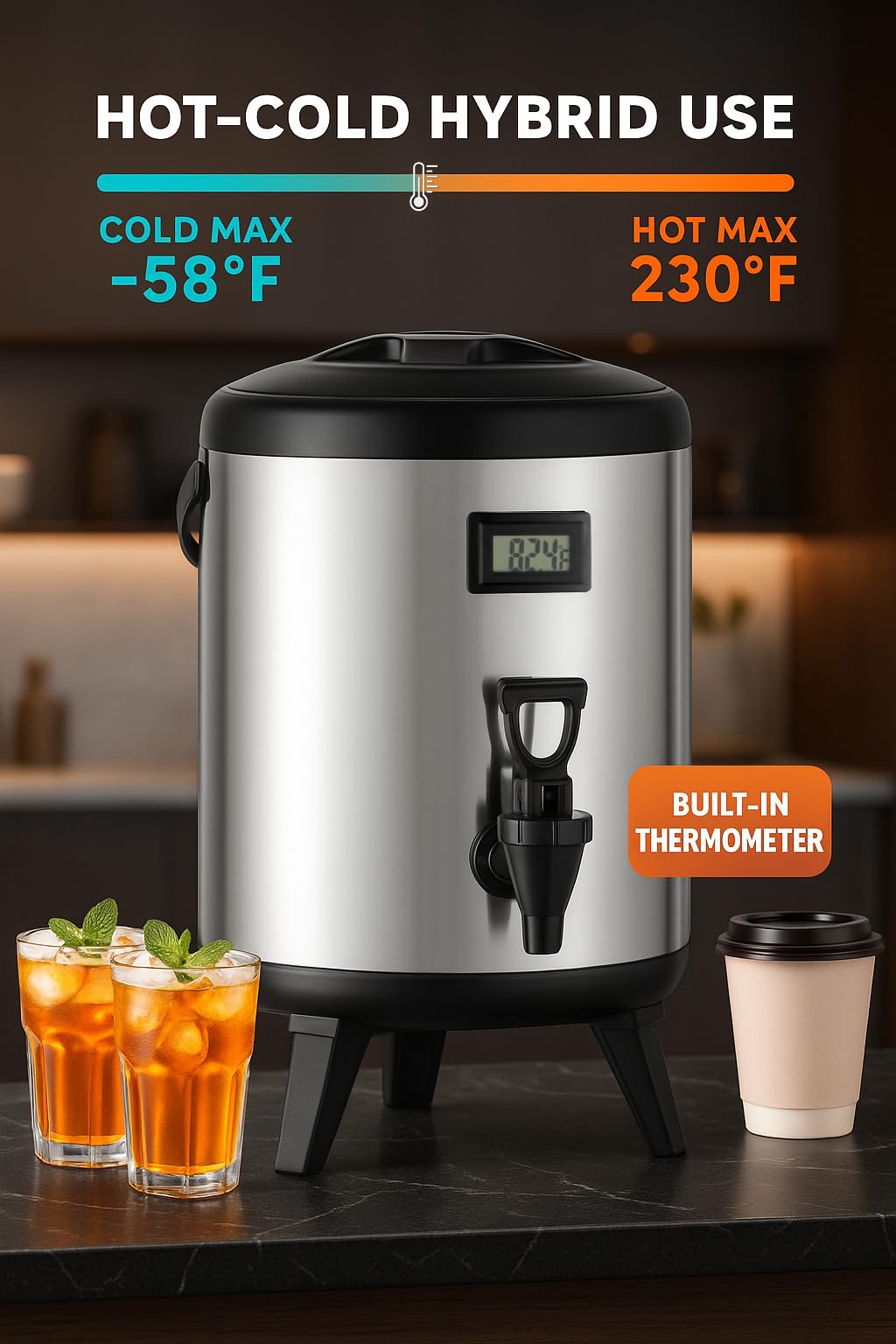 THXSUN Insulated Beverage Dispenser with Spigot,2.2 Gallon/8L Coffee and Drink Server,Non-electric Thermal Hot and Cold Beverage Dispenser for Juice Chocolate Tea Milk