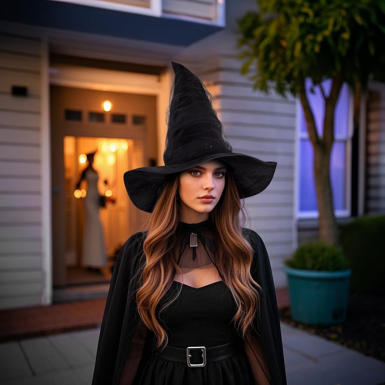 UQJE Women's Black Witch Hat Adult Mesh Witches Hat Halloween Costume-18in