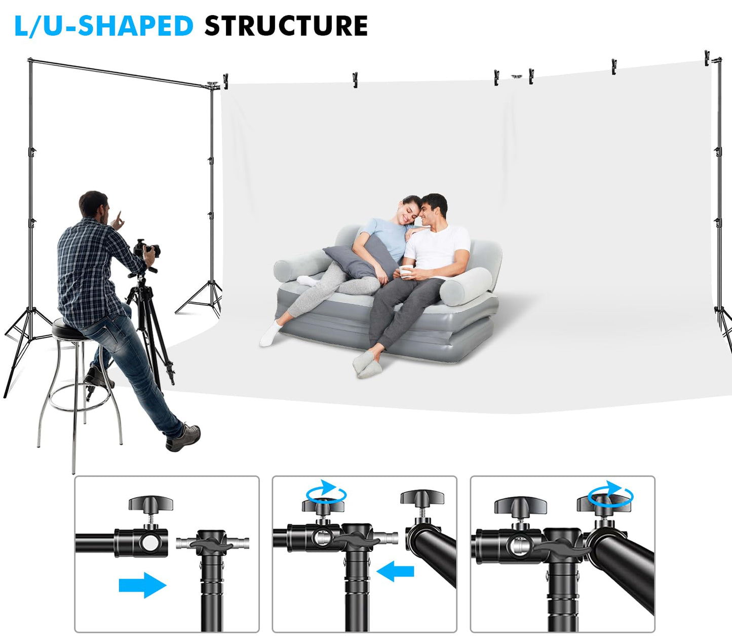 HYJ-INC Photo Video Studio 30ft (Wide) x 10ft (Tall) Heavy Duty Adjustable Width & Length Photography Backdrop Stand Background Support System Kit with 9pcs Clamps, 4pcs Sandbags, Carry Bag