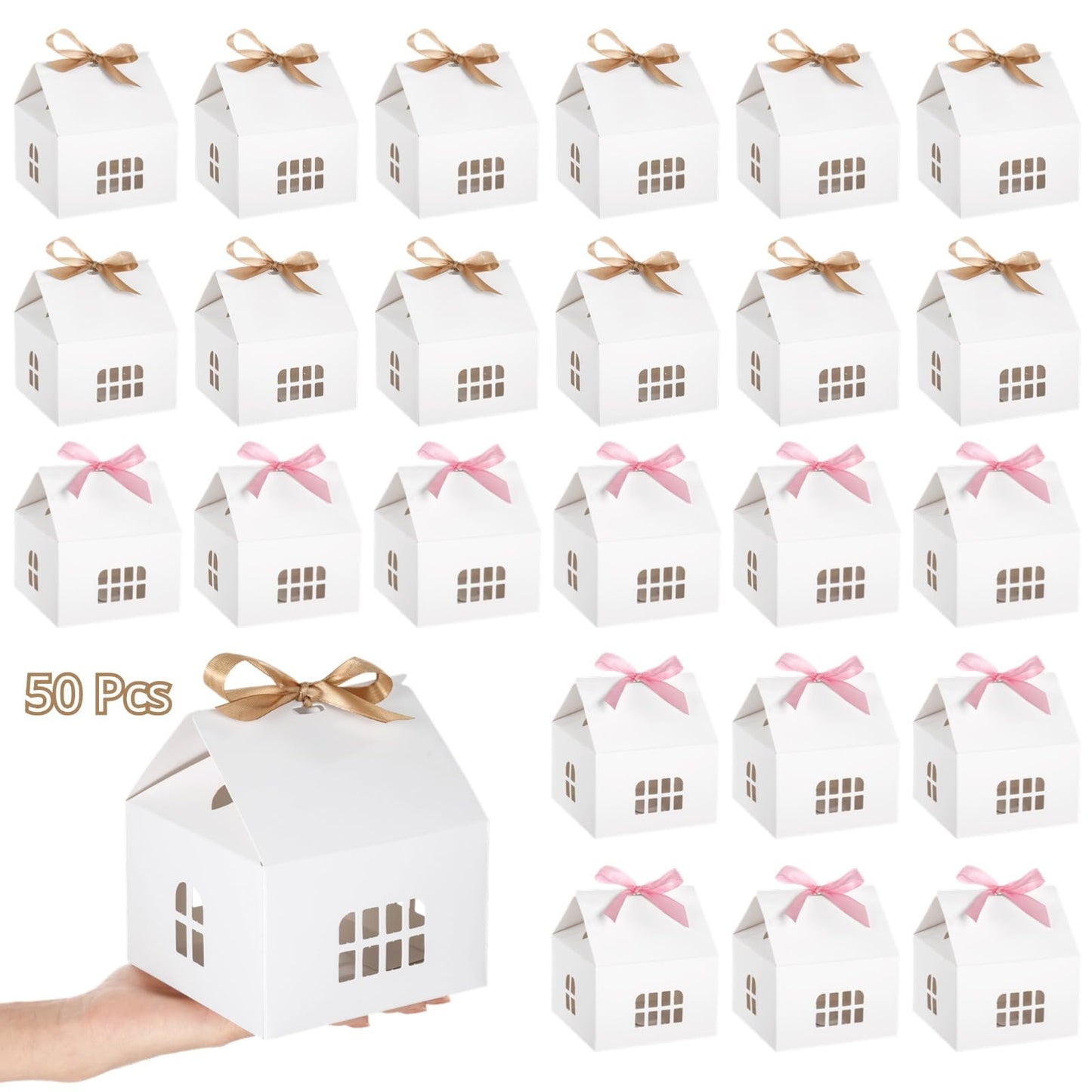 OMISTAR House Shaped Gift Boxes - 50 Pcs House Shaped Paper Bakery Packaging Candy Box With Gold & Pink Ribbons Cardboard Treat Boxes For Present Giving, Candy Boxes For Bridal Shower, Party