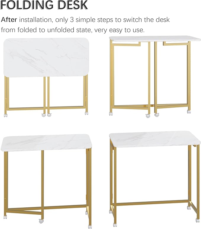 4NM 31.5" Mobile Small Rolling Computer Desk, Folding Laptop Cart Table with Wheels, Portable Office Desk for Small Space Couch Bed - White and Golden