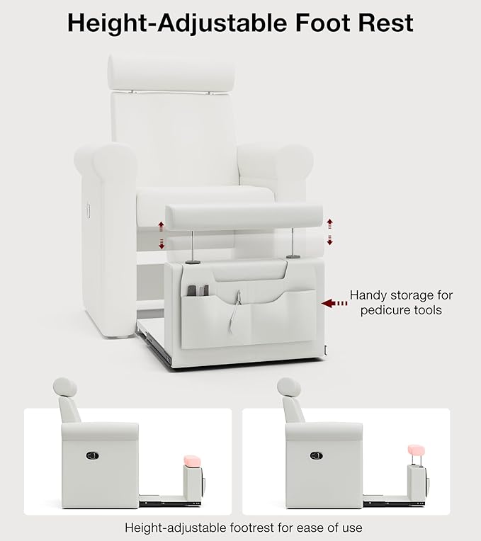 VARONXE Icoget Professional Pedicure Chair No Plumbing for Nail Tech, Reclining SPA Pedicure Station w/Adjustable Footrest & Headrest, Retractable Base Unite for Small Space, White