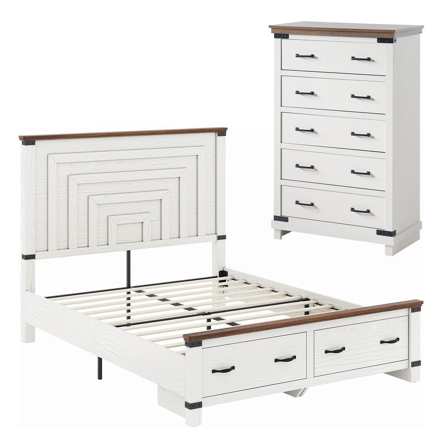 AMERLIFE 2 Pieces Farmhouse Bedroom Set, Includes Wood Rustic Queen Size Bed Frame with 54" Tall Headboard, 48" Tall 5 Drawers Dresser Chest, Heavy Duty Thick Plank Styling, Antique White