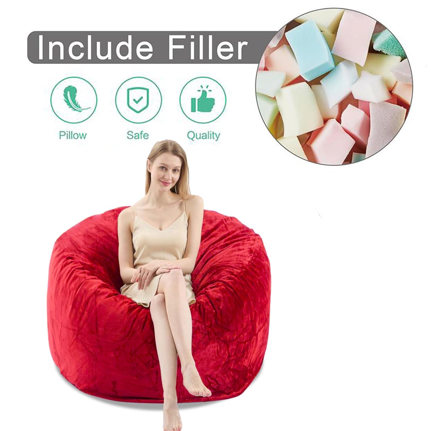 4FT Bean Bag Chairs for Adults，Bean Bag with Filler Included，Memory Foam Chair，with Flannel Cover, Detachable and Washable, Suitable for Lounge Chairs in bedrooms Dormitories (Red, 4FT)