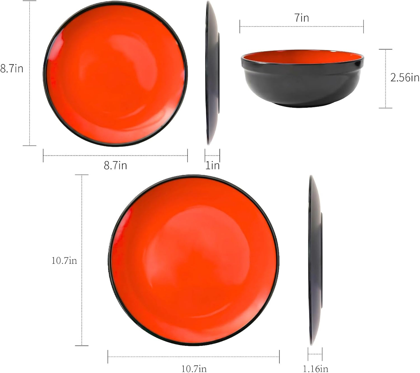 TP 12-Piece Dinnerware Set, Melamine Dishes Set with Bowls and Plates, Non-breakable and Lightweight Dinner Service for 4, Glossy Black and Red