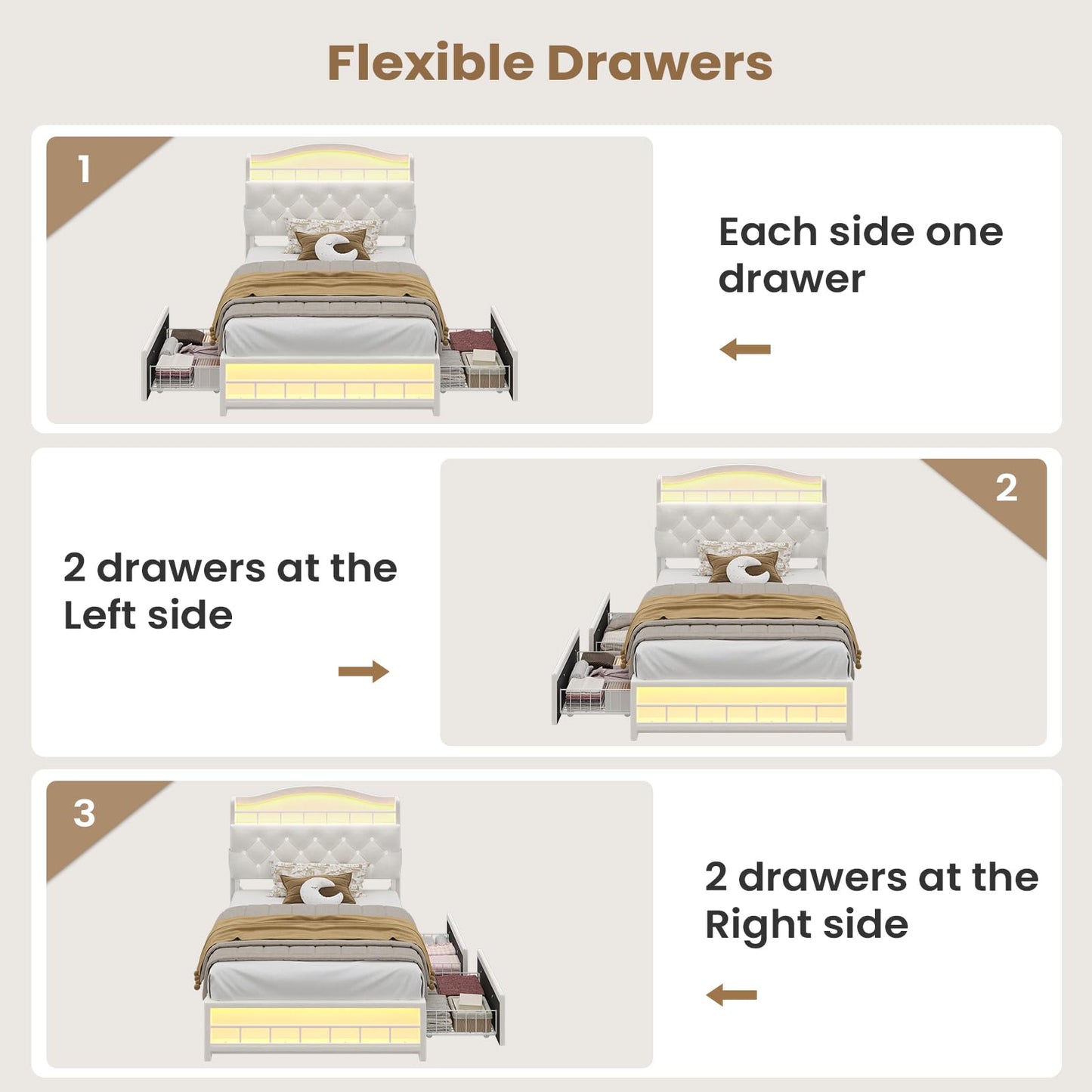 HAUOMS Twin Size Bed Frames for Girls, Princess Velvet Upholstered Platform Bed with Led Lights & 2 Drawers, Headboard with Charging Station & Guardrail & Crystal Button, No Box Spring Needed,Beige