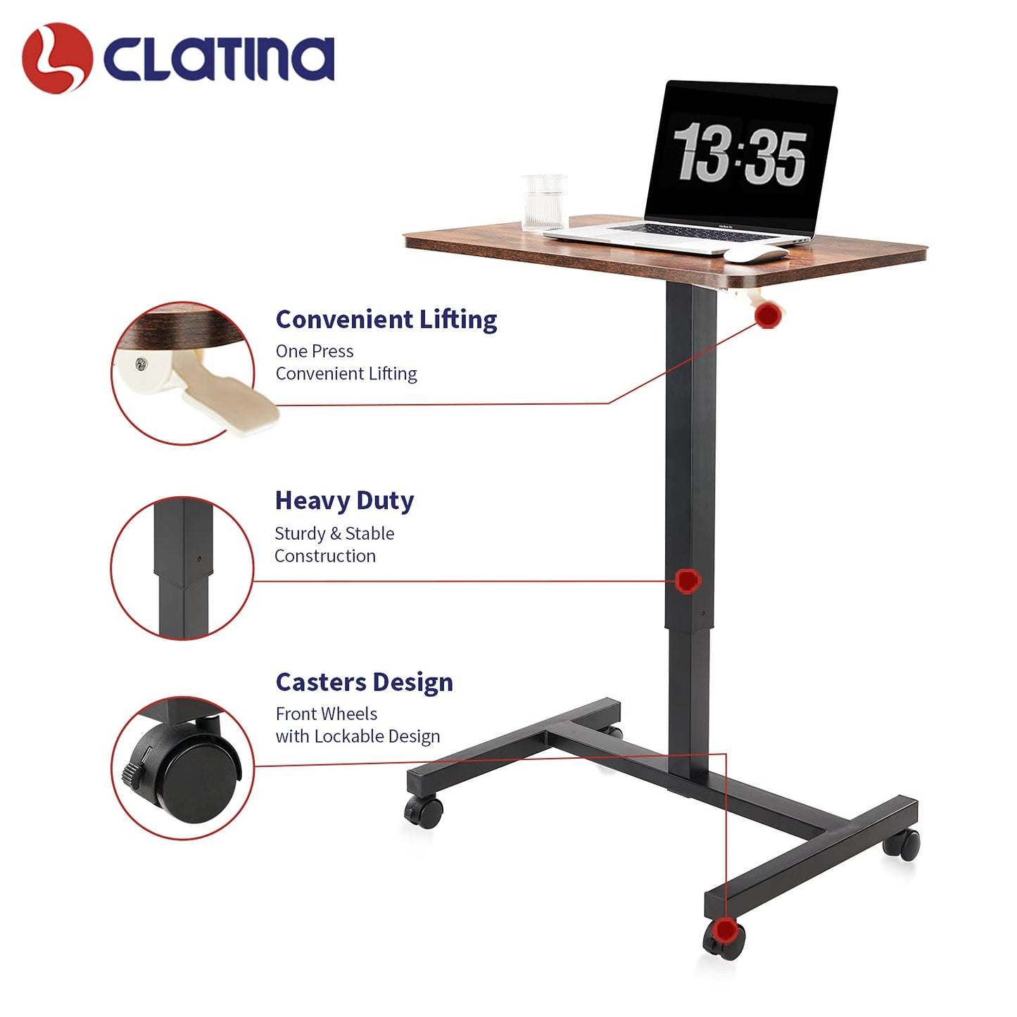 CLATINA Round Edge Design Elegant Mobile Laptop Desk Pneumatic Sit to Stand Table, Height Adjustable Rolling Cart with Lockable Wheels for Home Office Computer Workstation, 28" x 19" Brown