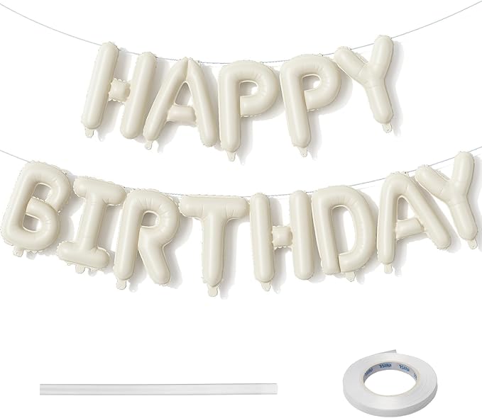 Cream Happy Birthday Balloon Banner, Neutral Beige Happy Birthday Foil Balloon, 16 Inch Ivory White Sand Born Day Bunting ...