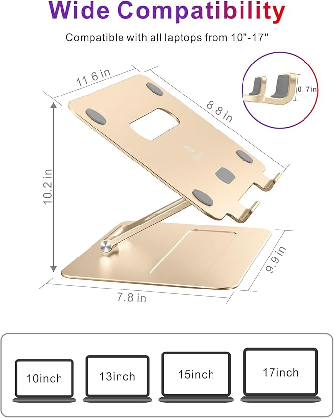brocoon Adjustable MacBook Laptop Stand for Desk | Ergonomic Aluminum Laptop Riser with Heat-Vent, Compatible for 10-17" Laptops, Macaroon Gold