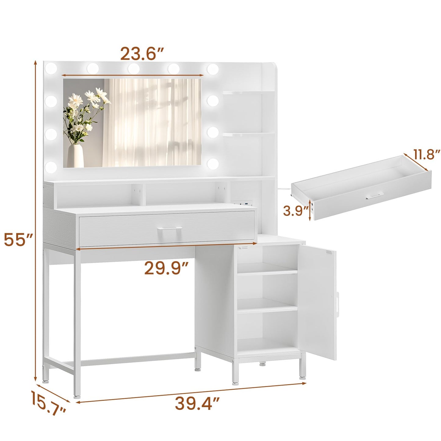 Driftalia Vanity Desk with Mirror and Lights, Makeup Vanity with Storage Drawer, Power Outlet and Large Cabinet for Bedroom - White