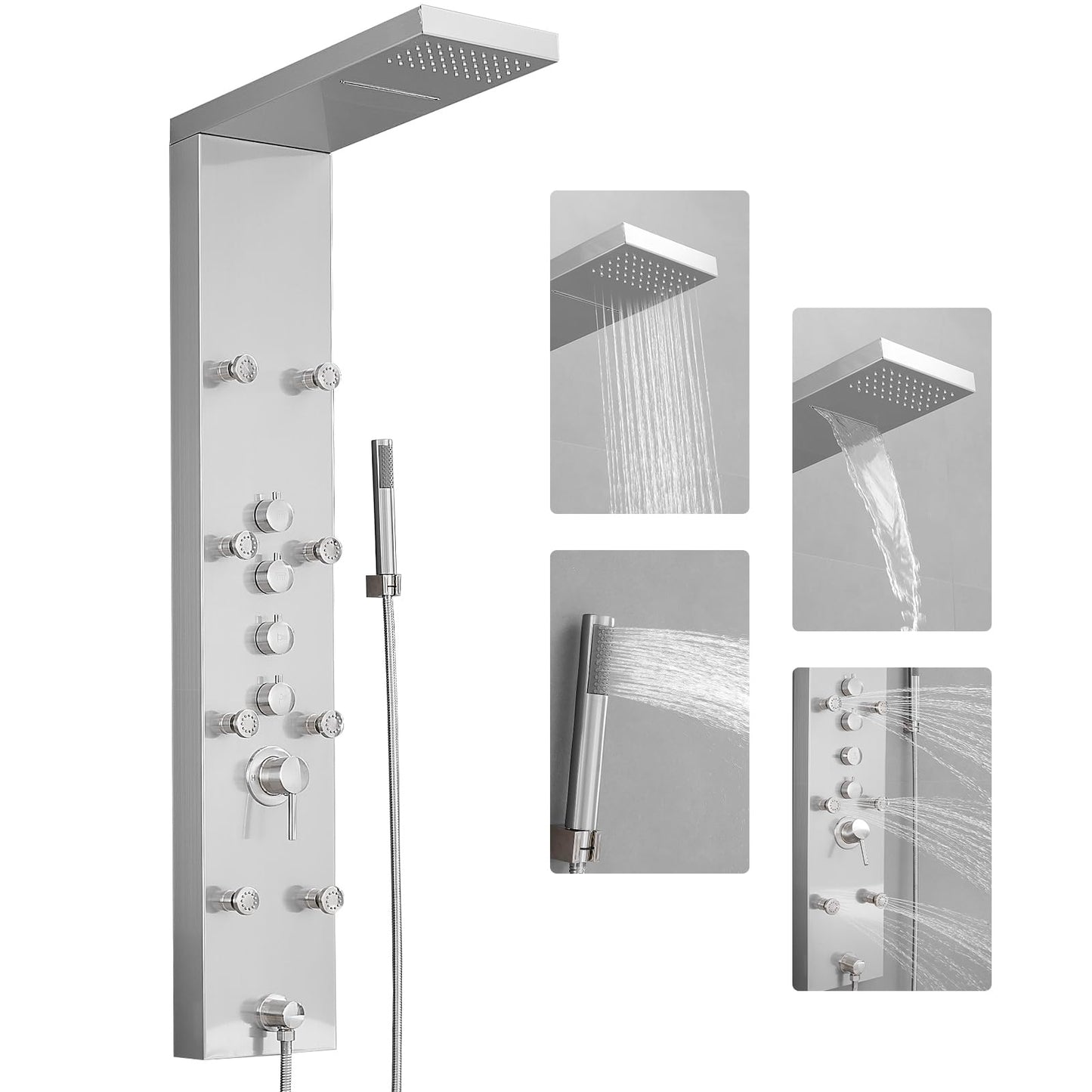 BATHLAVISH Shower Panel Tower System, 4 in 1 Stainless Steel Rainfall Shower Panels with 4-Functions, 8 Body Massage Jets, Handheld Head, Wall Mounted Brushed Nickel