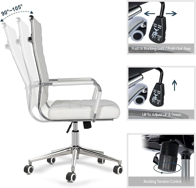BOWTHY Home Office Chair Ribbed, Modern Leather Conference Room Chairs, Ergonomic Office Desk Chair, High Back Executive Computer Chair, Adjustable Swivel Chair with Arms (White)
