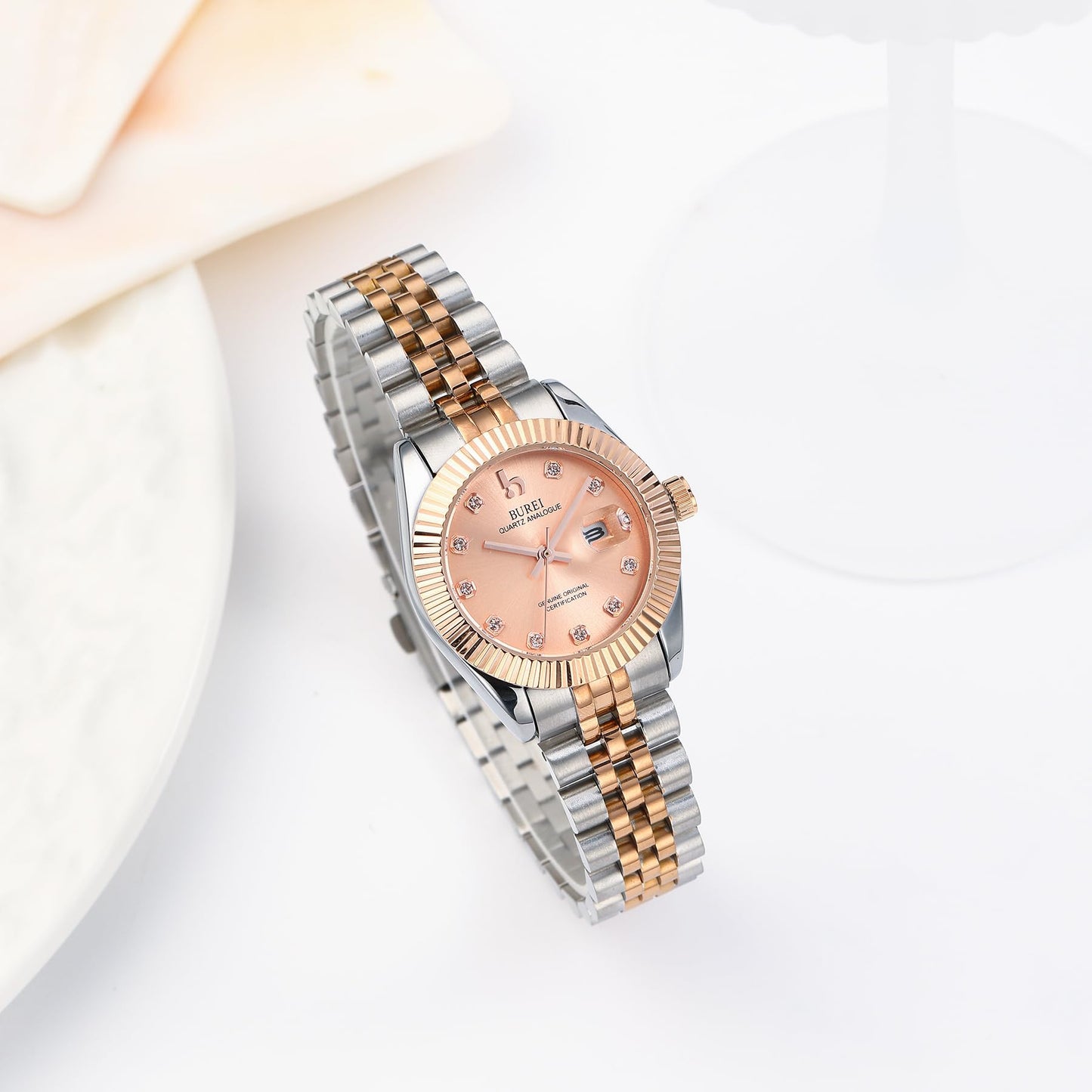 BUREI Women's Rose Golden Watch Silver Stainless Steel Classic Quartz Women Watches with Date Fashion Business Small Face Diamond Waterproof Ladies Watches,Gift for Women