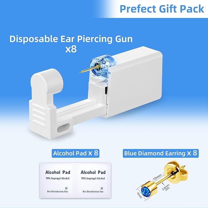Get the Perfect Ear Piercing with 24 Pcs Premium Ear Piercing Kit - Includes 8 Blue CZ Stones Earrings and 8 Easy-to-Use Self Ear Piercing Gun - Safe and Painless
