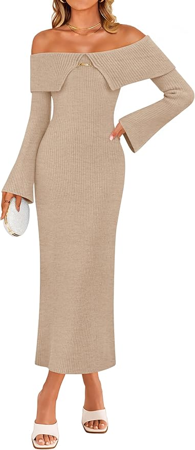 ZESICA Women's Spring Off Shoulder Sweater Dress 2026 Bell Long Sleeve Ribbed Knit Bodycon Formal Maxi Dresses