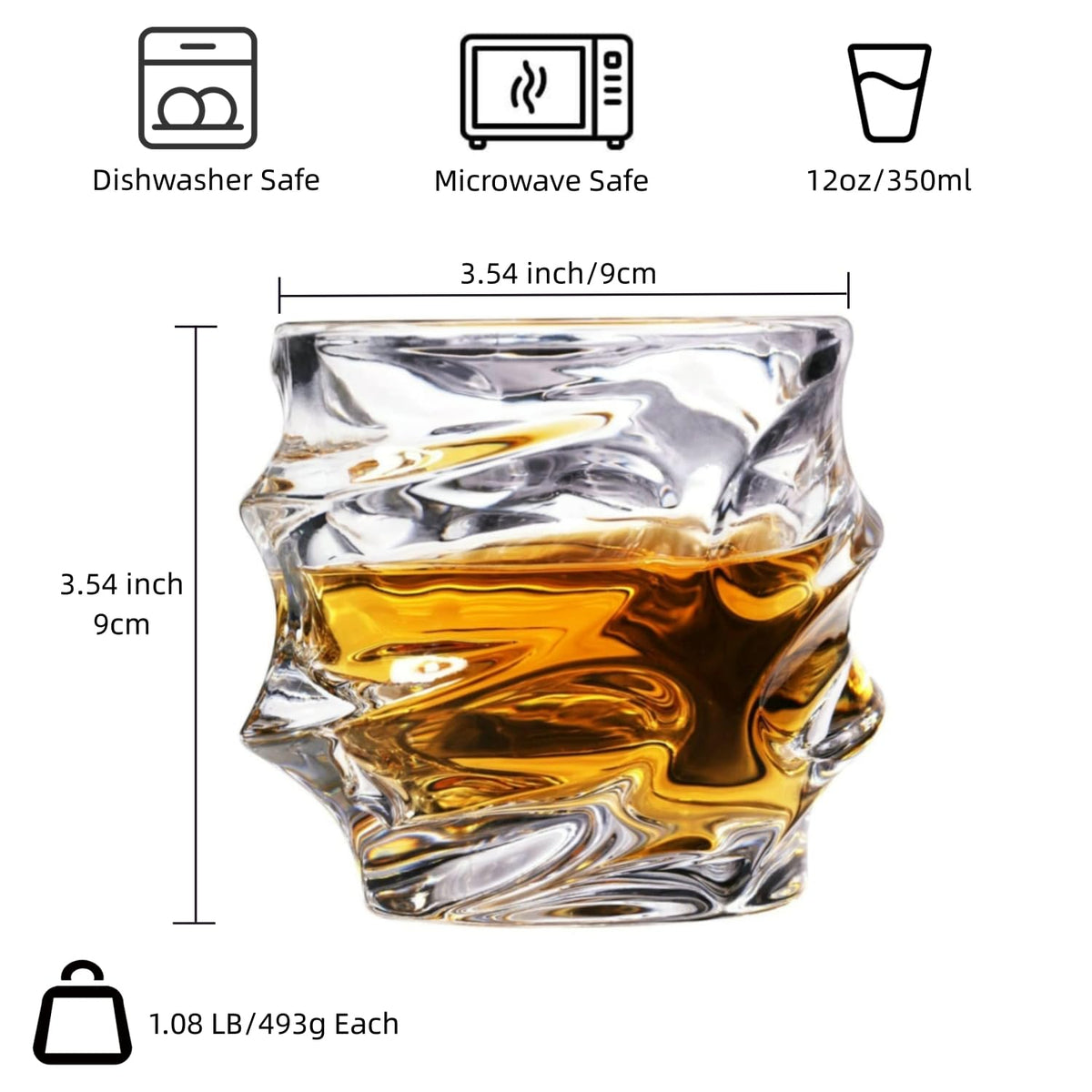 GLASKEY 12 oz Hand Blown Crystal Whiskey Glasses Set of 4, Unique Cognac Glass, Heavy Thick Bottom Bar Glass for Scotch Bourbon Rum Gin Water Cocktail,Gifts Men Gifts Ideas