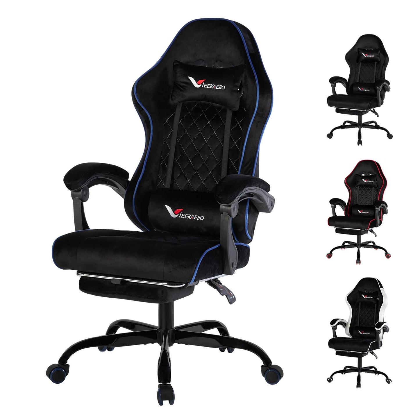 Velvet Gaming Chair for Adults with Pocket Spring Cushion Seat,Soft Gaming Chair Fabric with Extendable Footrest, Swivel Recliner with Ergonomic Lumbar Support and Headrest for Home/Office(Blue)