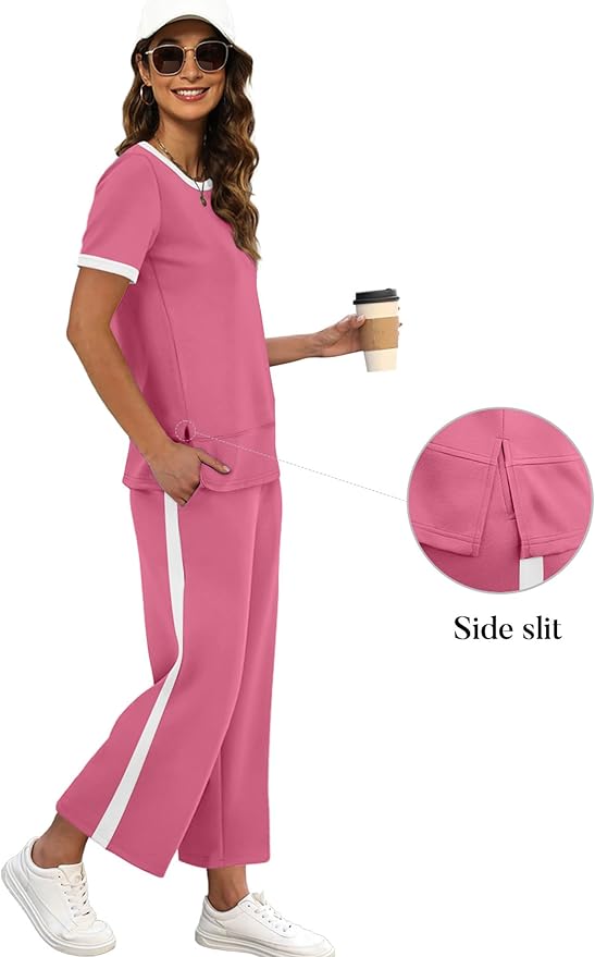 XIEERDUO Women's Side Slit Lounge Sets 2026 Fashion 2 Piece Travel Outfits Cozy Loungewear Wide Leg Tracksuits S-3XL