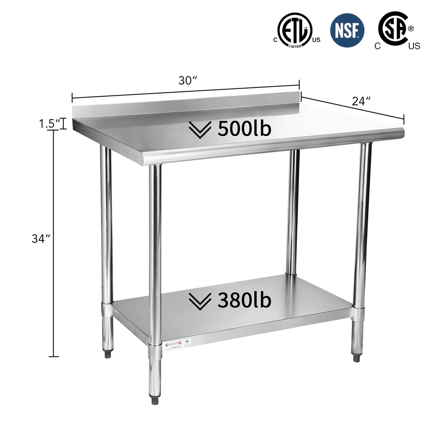 STABLEINK NSF Stainless Steel Table, 24 x 30 Inches Metal Prep & Work Table with Backsplash, Adjustable Undershelf and Table Foot, for Commercial Kitchen, Restaurant, Laundry Room and Garage