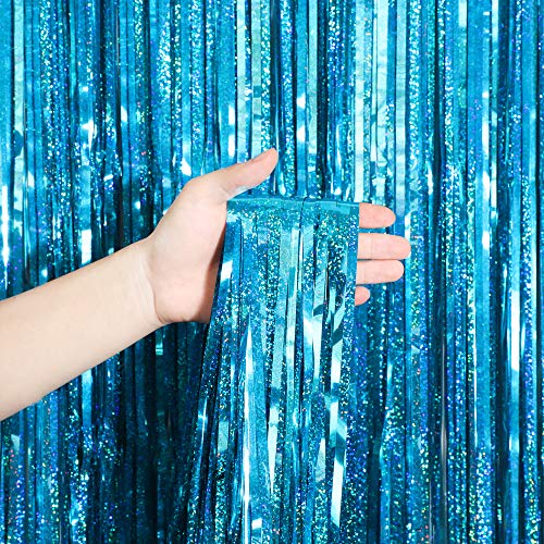 Melsan 2 Pack 3.2 ft x 8 ft Teal Tinsel Foil Fringe Curtains Backdrop, Blue Sparkle Metallic Foil Curtains for Ocean Birth...