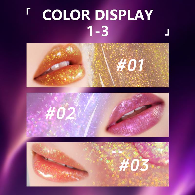 CHARMACY Aurora Chameleon Moisturizing Lip Gloss, MultiColor Shifting Shimmer Lip Gloss, Hydrating Non-Sticky Formula Glitter Lip Glaze, Easy to Apply, Long-Lasting, High-Shine Sheer Finish #01