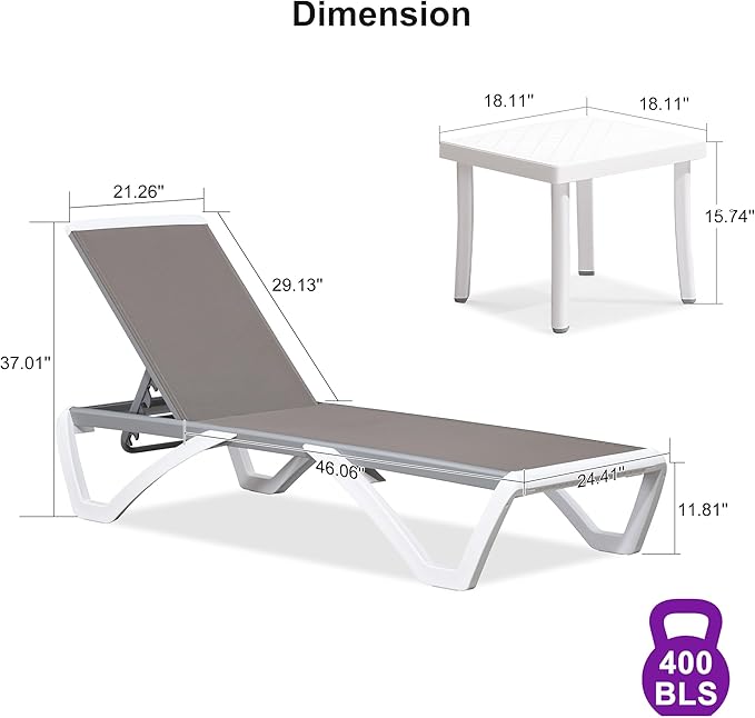 PURPLE LEAF Patio Chaise Lounge Chair Set Outside Aluminum Plastic Stackable Tanning Chairs with Side Table for Pool Sunbathing Beach Deck Outdoor Lounger, Taupe