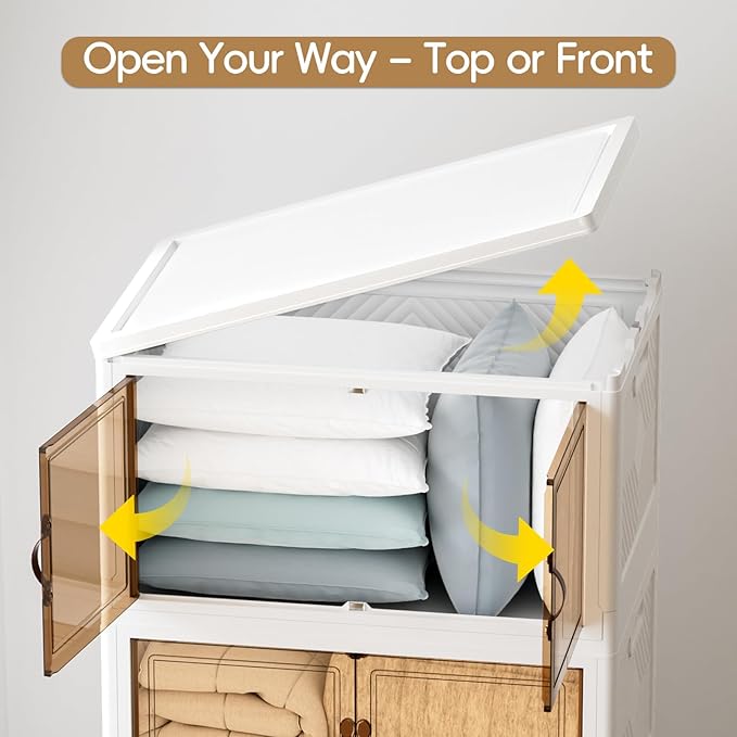 JEKO&JEKO 528Qt Stackable Storage Bins with Lids and Wheels, Foldable Collapsible Plastic Drawer Boxes for Clothes, Home, White, 4 Pack